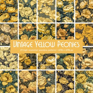 Seamless Pattern Vintage Yellow Peonies Digital Tiles - 20 Designs for DIY Projects, Scrapbooking, and Home Décor - Instant Download