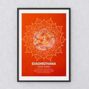 May include: An orange and white mandala illustration of the Svadhisthana chakra, also known as the sacral chakra. The text below the mandala reads "Svadhisthana Sacral Chakra. Located below the navel, Svadhisthana governs our emotions, creativity, and sexuality. When balanced, we feel passionate, creative, and able to experience pleasure."