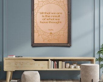 May include: A framed print featuring a gold mandala design and a quote by Buddha: "All that we are is the result of what we have thought."