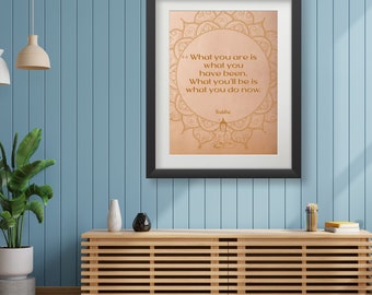 May include: A framed print with a beige background and a gold mandala design. The print features a quote by Buddha: "What you are is what you have been. What you'll be is what you do now."
