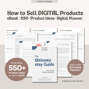 Op de afbeelding: Een digitale productgids voor Etsy-verkopers, met een roze en witte planner met de tekst "Etsy Planner" en "The Ultimate Etsy Guide: How to sell DIGITAL products". De gids bevat meer dan 550 productideeën en een printbare planner.