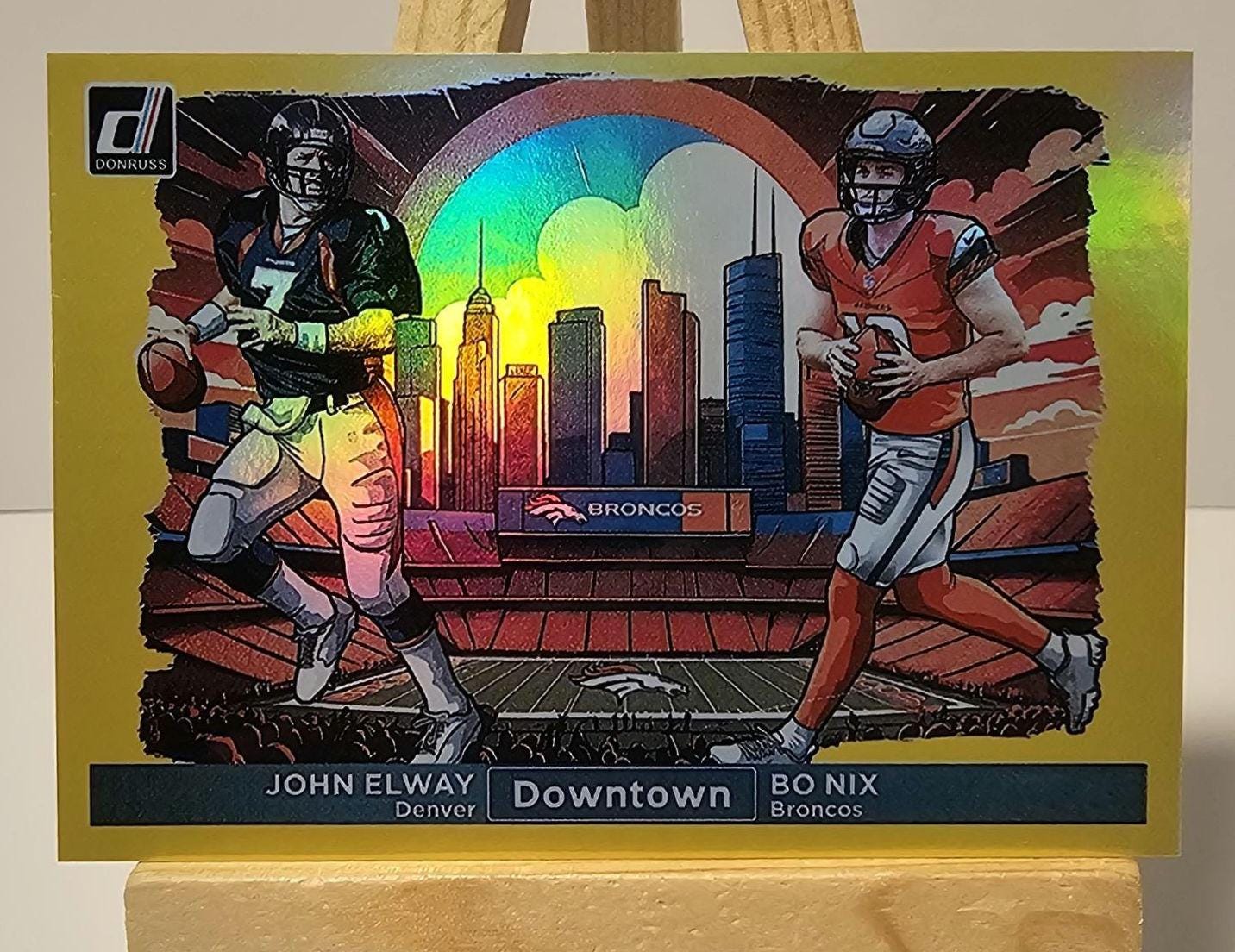 John Elway Bo Nix 2024 Panini Donruss Gold Downtown Duos No. 14 10/10 Rookie NFL Football Novelty Card Reprint