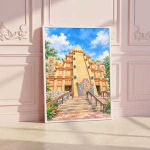 May include: A vertical wall art print depicting a stepped pyramid structure with tan stone walls, a central blue relief carving, and stone stairs leading to the entrance, surrounded by green foliage under a bright blue sky with white clouds.