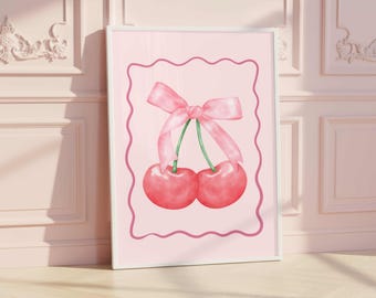 Pink Cherry Print, Coquette Bow Wall Art