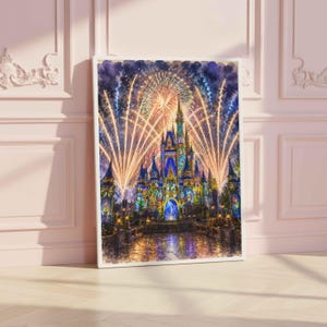 May include: A rectangular wall art print featuring a vibrant illustration of a castle illuminated with blue and gold lights, set against a dark night sky filled with bright, radiating golden fireworks that reflect on the ground below.