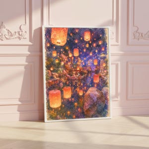 Plakat ścienny „Festiwal Latarni Roszpunki”, scena z lampionem w środku przejażdżki „Zaplątani”, plakat „Tokio Disney Sea Fantasy Springs”, prezent Disney