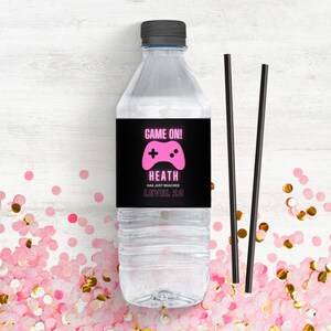 Neon Pink Gamer Water Bottle Label: Printable Birthday Template (Canva Download)