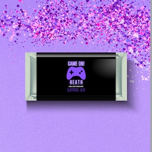 Video Game Chocolate Wrapper, Personalised Template, Neon Glow Purple Birthday Party, Aldi Chocolate Candy Wrapper INSTANT DOWNLOAD DD010