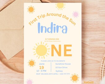 First Trip Around the Sun Birthday Invitation | Sunshine Party Invite (Editable Canva Template)