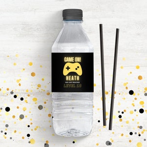 Personalized Gamer Birthday Water Bottle Label: Neon Yellow Printable (Canva Template)