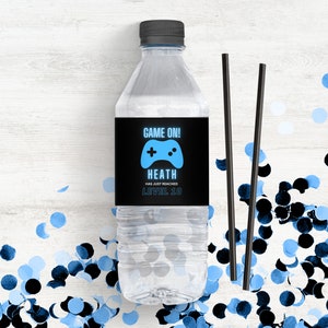 Video Game Water Bottle Label, Personalised Printable Template, Neon Blue Gamer Birthday Water Bottle Wrapper Canva INSTANT DOWNLOAD DD010