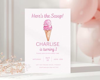 Ice Cream Birthday Invitation Template: Sweet One First Birthday Party (Digital Download)