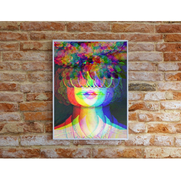 Trippy Sunglasses Woman with Flowers Printable Wall Art, Wall Gallery Print, Digital Artwork, Instant Download, Exhibition Poster, Abstract