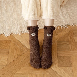 Women Winter Warm Fluffy Socks Home Floor Sleep Kawaii 3D Bear Cute Animal  Thick Fleece Fuzzy Sock Japanese Fashion Korean Style - AliExpress
