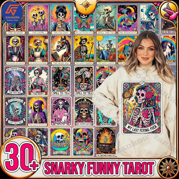 30+ Snarky Funny Tarot Card Bundle, Woman Skeleton Mother Sublimation Design, Witchy Vibes Skull Mama PNG File, Snarky Funny, Digital File