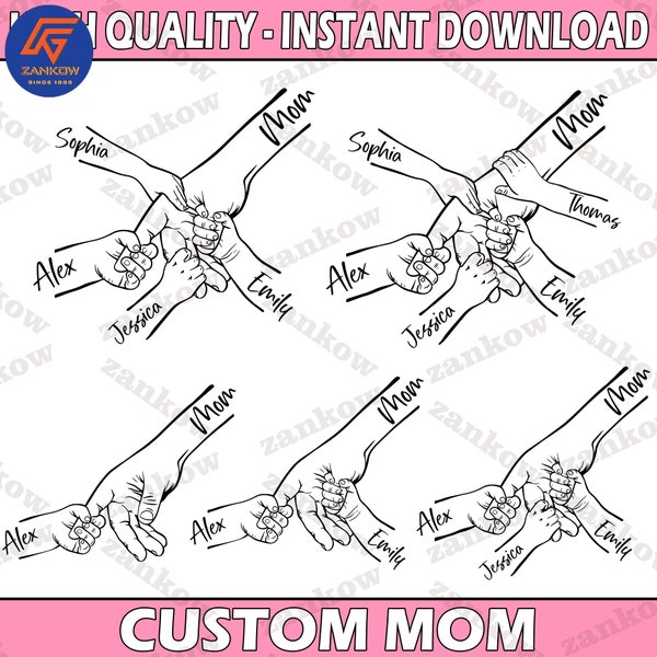 Lot de 1 à 5 mains point pour maman et enfant SVG, nom personnalisé à la main noms d'enfant cadeau meilleure maman de tous les temps EPS maman enfants, fichier numérique pour la fête des mères