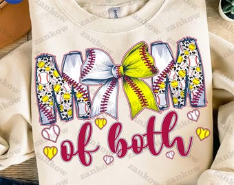 Mom Of Both Baseball Softball Mama Png, Softball Baseball Mom Shirt Design Png, Baseball Coquette Png, Softball Bow Png, Game Day Png