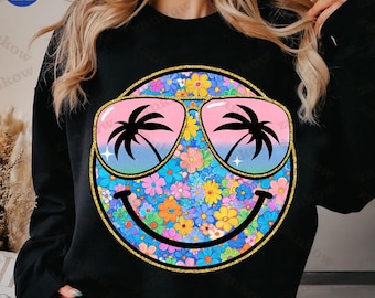 Preppy Floral Smiley Summer Png, Distressed Smile Face Beach Vibes Png, Preppy Mama Png, Summer Beach Png, Preppy Summer Shirt Design Png