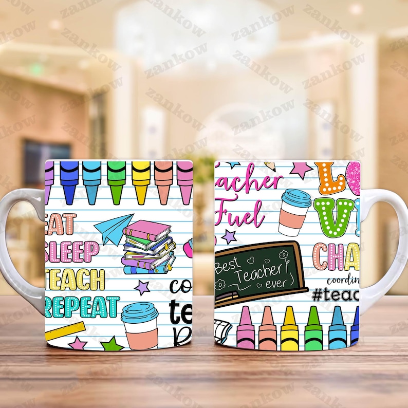 May include: White ceramic mug with a colorful design featuring crayons, books, and the words "Eat Sleep Teach Repeat" and "Teacher Fuel". The mug also has a chalkboard that says "Best Teacher Ever".