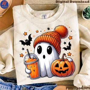 Retro Cute Ghost Png, Halloween Png, Ghost Pumpkin Png, Spooky Vibes Png, Ghost Coffee Png, Boujee Ghost Png Sublimation Design Download
