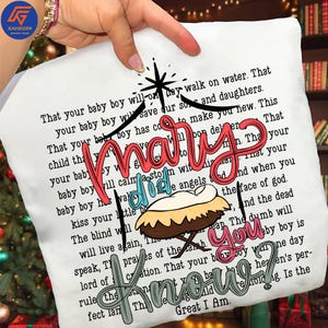 May include: White pillow with the text "Mary Did You Know?" in a script font, with a nativity scene illustration. The pillow has a Christmas theme and is likely a decorative item.