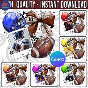 Könnte beinhalten: Digitales Design mit American-Football-Motiv. Es zeigt einen blauen Helm, einen Football und eine Schleife mit der Nummer 10. Das Design enthält auch Fotos von Spielern und den Text "YOUR NAME".