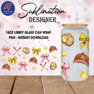 Könnte beinhalten: Ein Design für eine Glas-Can-Wrap mit Baseball-Motiven. Das Design umfasst Basebälle, Handschuhe, Schleifen und Kappen. Der Text lautet "Sublimation Designer" und "16oz Libbey Glass Can Wrap PNG - Instant Download."