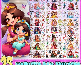 25+ Cartoon Princess Mother’s Day Can Wrap 16oz Design Bundle, Gift For Mom Glass Can Template, Girl Mom Era UV DTF Cup Wrap Design