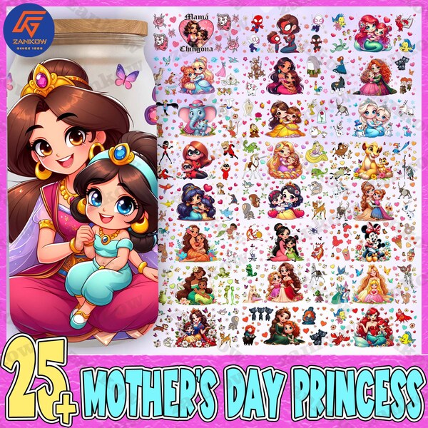 25+ Cartoon Princess Mother’s Day Can Wrap 16oz Design Bundle, Gift For Mom Glass Can Template, Girl Mom Era UV DTF Cup Wrap Design