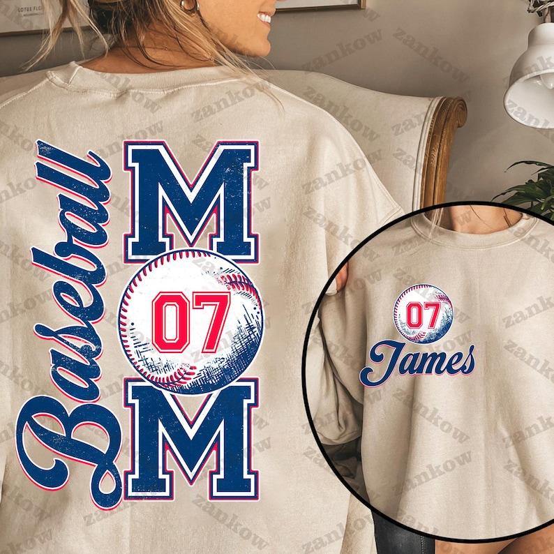 May include: Baseball Mom sweatshirt with a blue and white baseball graphic and the number 07. The sweatshirt has a distressed look and the text "Baseball Mom" is in a vintage style font.