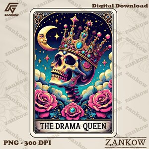 La reina del drama, carta de tarot sarcástica y divertida PNG, diseño de sublimación de calavera de esqueleto divertido, taza de camiseta gótica de bruja de moda popular PNG