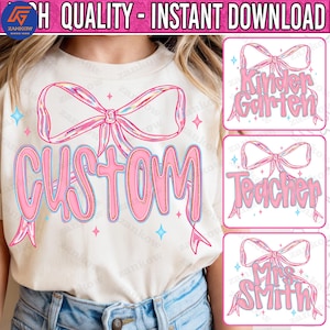 Preppy Custom Name Bow PNG, Personalized Name Shirt Design, Custom Teacher Png, Hand Lettered Sublimation, Preppy Back to School PNG