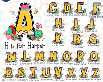 Custom Alphabet Kid/ Boy Name For School Bundle, Back To School Png, Pencil School Png, First Day Of School, Personalised Kid Name Shirt Png