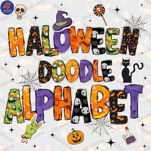 Alphabet Doodle Set PNG, Halloween Doodle Letters With Clip Art, Make Your Own Name, Doodle Alpha Bundle, Halloween Clipart