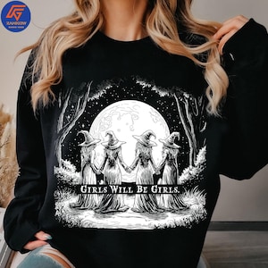 Retro Halloween Women PNG, Girls Will Be Girls Funny Witch Clipart, Witchy Vibes Halloween Design, Spooky Girls PNG, Witches Halloween Png