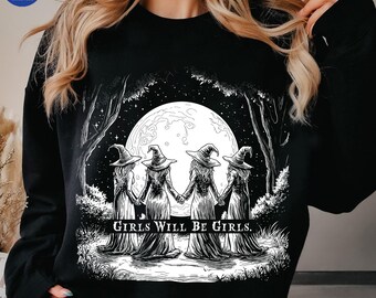 Retro Halloween Women PNG, Girls Will Be Girls Funny Witch Clipart, Witchy Vibes Halloween Design, Spooky Girls PNG, Witches Halloween Png