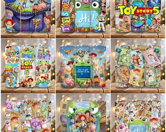 Paquete de 10 imágenes PNG de envolturas para vasos de la película Toy (5 personajes), diseño de sublimación para vasos delgados de 20 oz con diseño de juguetes de dibujos animados, imágenes PNG de acuarela de juguetes de Friends, descarga digital.