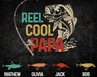 Custom Kids Png, Retro Reel Cool Papa Png, Papa Fishing Png, Papa Fisherman Png, Gift From Grandkids Png, Digital Download