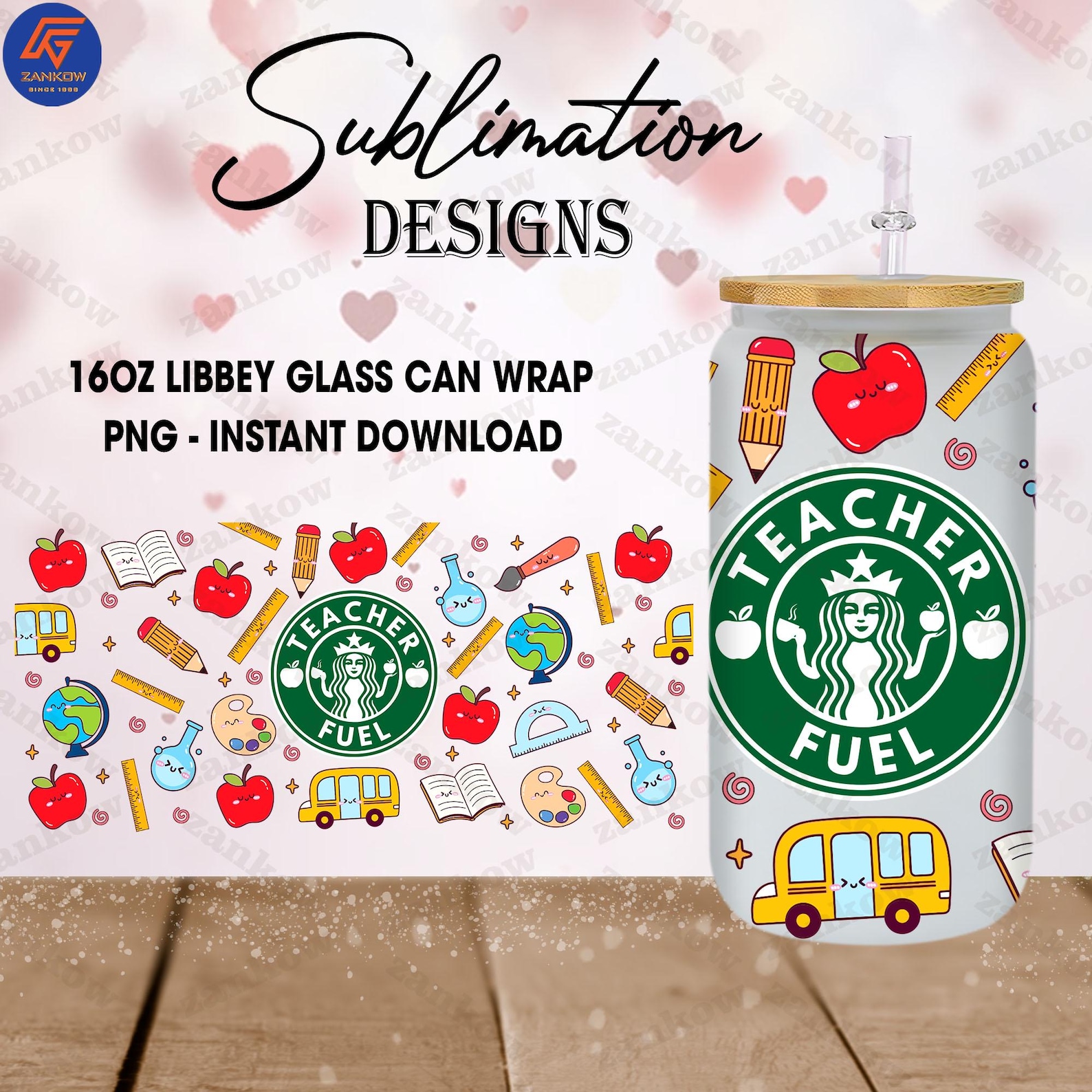 Teacher Fuel 16 Oz Glass Can Wrap Png, Back to School Libbey Glass Can ...
