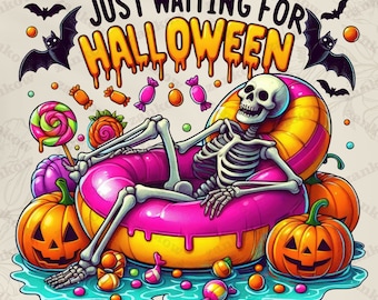 Just Waiting for Halloween Png, Cute Spooky Summer Halloween Png, Halloween Skeleton Png, Halloween Png, Digital Download
