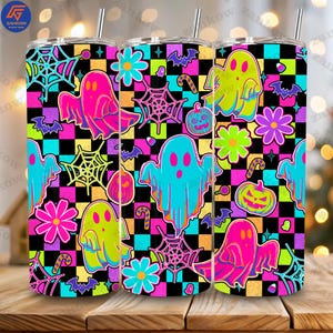 May include: Three Halloween-themed stainless steel tumblers with straws. Each tumbler features a vibrant design of ghosts, spiderwebs, bats, flowers, and pumpkins on a checkered background. The color palette includes pink, blue, green, and black.