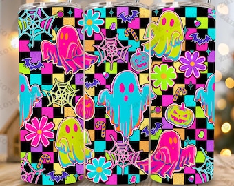 Retro Neon Checkered Ghost Halloween Tumbler Wrap Png, Neon Ghost 20oz Skinny Tumbler Sublimation, Neon Spooky Season Straight Tumbler Wrap