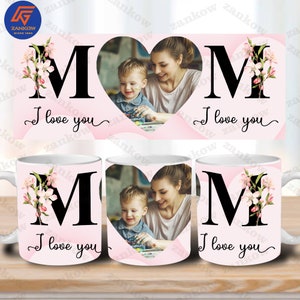 Mug Je t'aime maman personnalisé Mug floral PNG, modèle photo coeur pour sublimation, cadeau personnalisé fête des mères, conception de transferts d'emballage, fête des mères