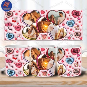 CUSTOM 3D Inflated Glitter Love Valentines Day 11oz Mug Wrap Png, Photo Red Hearts Puffy 11oz Mug Wrap Design, Add Your Own Photo 11oz Mug