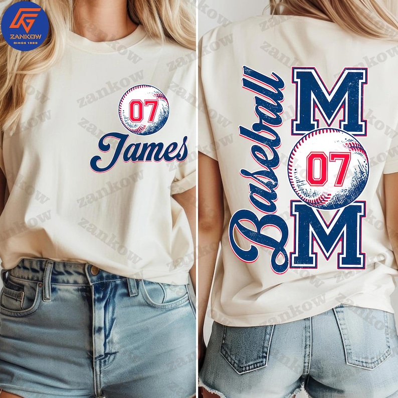 May include: Two white t-shirts with a baseball theme. One shirt has a baseball with the number 07 and the name James. The other shirt has the word "Baseball" and the word "MOM" with a baseball in between. The baseball has the number 07.