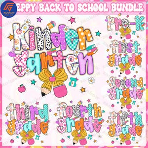 Preppy Back to School Bundle PNG, Coquette Teacher First Day of School Shirt Design, Girly Checkered Sublimation, Pre-k 1st/2nd/3rd Grade