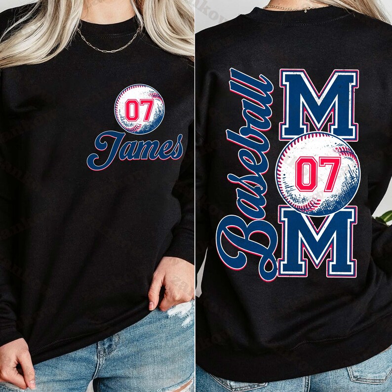 May include: Black sweatshirt with a baseball graphic and the text "Baseball Mom" and "07" in red. The sweatshirt also has the text "James" and "07" in white.