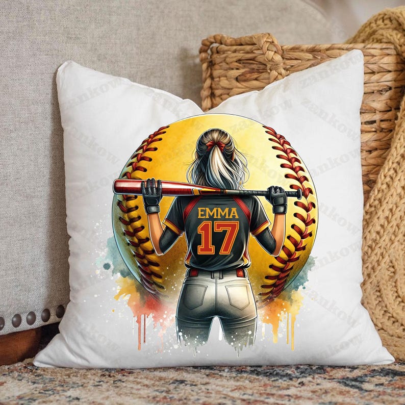 K&ouml;nnte beinhalten: Ein wei&szlig;es Kissen mit einem Aquarell-Design einer Softballspielerin mit einem Schl&auml;ger auf der Schulter. Die Spielerin tr&auml;gt ein schwarzes Trikot mit dem Namen "Emma" und der Nummer "17" auf dem R&uuml;cken. Der Softball befindet sich hinter der Spielerin und ist gelb mit roten N&auml;hten.
