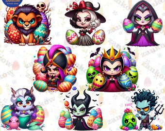 7 Villain Characters Cartoon Happy Easter Day Png Bundle, Princess Couple Easter Day Design, Happy Easter Day Shirt, Villain Easter Png