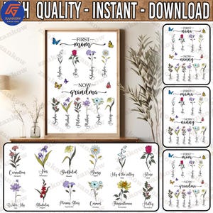 Custom First Mom Now Grandma Png, Grandma&#39;s Garden Png Bundle, Custom Birthflower Png, Personalize Grandma Png Bundle, Custom Kids Name Png